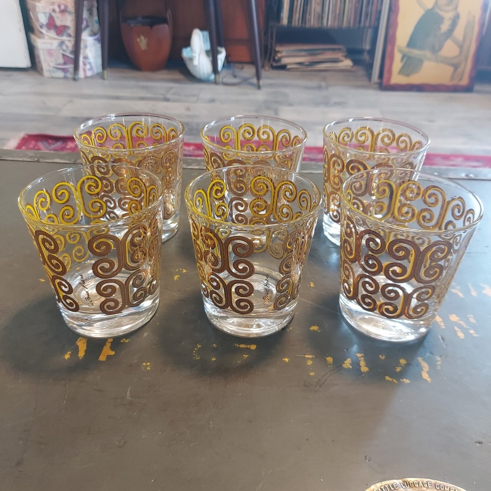 Fred Press Vintage Mid Century Modern Gold Brown Scroll Rocks Glasses Set of 6